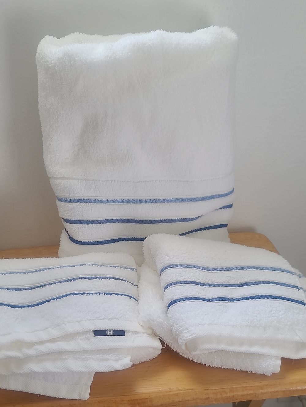 Hotel Collection White Bath Towels with Blue Stripe (Set of 3)